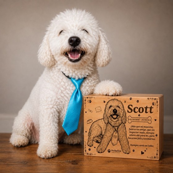 Scott, un perro blanco, junto a su urna de madera personalizada.
