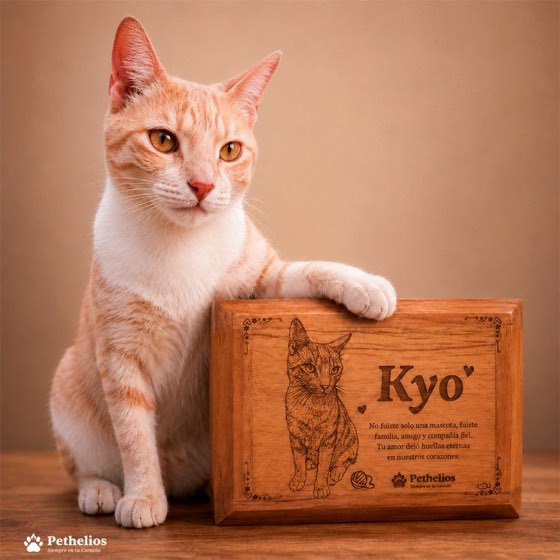 Kyo, un gato naranja, junto a su urna de madera personalizada.